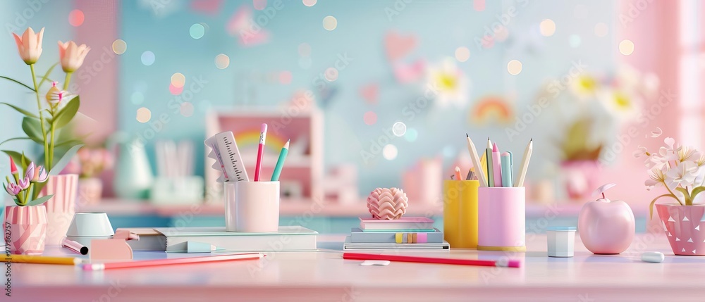 Charming 3D cartoon art of a students desk with neatly arranged stationery including rulers, erasers, and pencil cases, organized and detailed Charming 3D cartoon art of a students desk with neatly arranged stationery including rulers, erasers, and pencil cases, organized and detailed