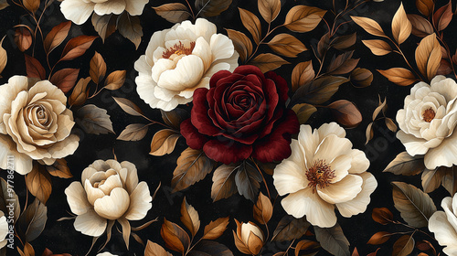 Seamless pattern of dark floral and roses, white peonies, burgundy red flowers, brown leaves, on a black background, in a watercolor style, detailed and vintage, in the style of an oil painting.