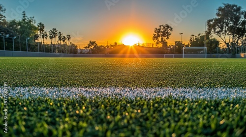 A close-up of a worn soccer ball resting on lush grass in a sunny park during...