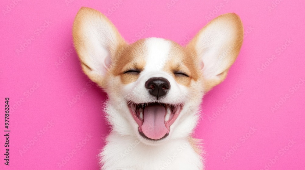 A cheerful corgi puppy yawns widely against a vibrant pink backdrop, radiating happiness and playfulness