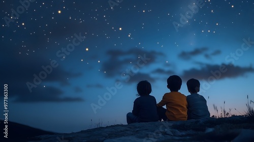 Children sitting on a hilltop marveling at the stars and talking about space and galaxies.