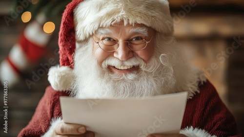 Santa joyfully reading letters from children in a cozy, decorated living room...