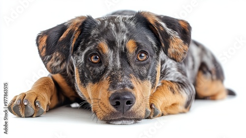A curious dog resting on the floor with expressive eyes, capturing attention ...