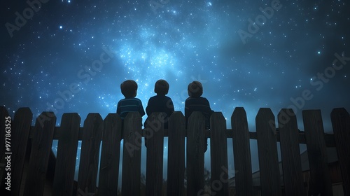 Children sitting on an old wooden fence gazing at the stars and whispering excitedly about space. photo