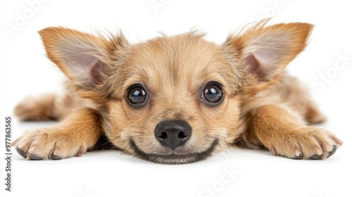 The small dog relaxes on a white surface, displaying its big dark eyes and fluffy fur in a playful manner