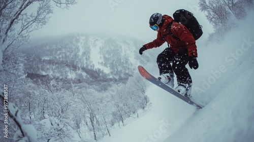 Skiing down a snowy slope at dusk surrounded by tall evergreen trees and a sn...