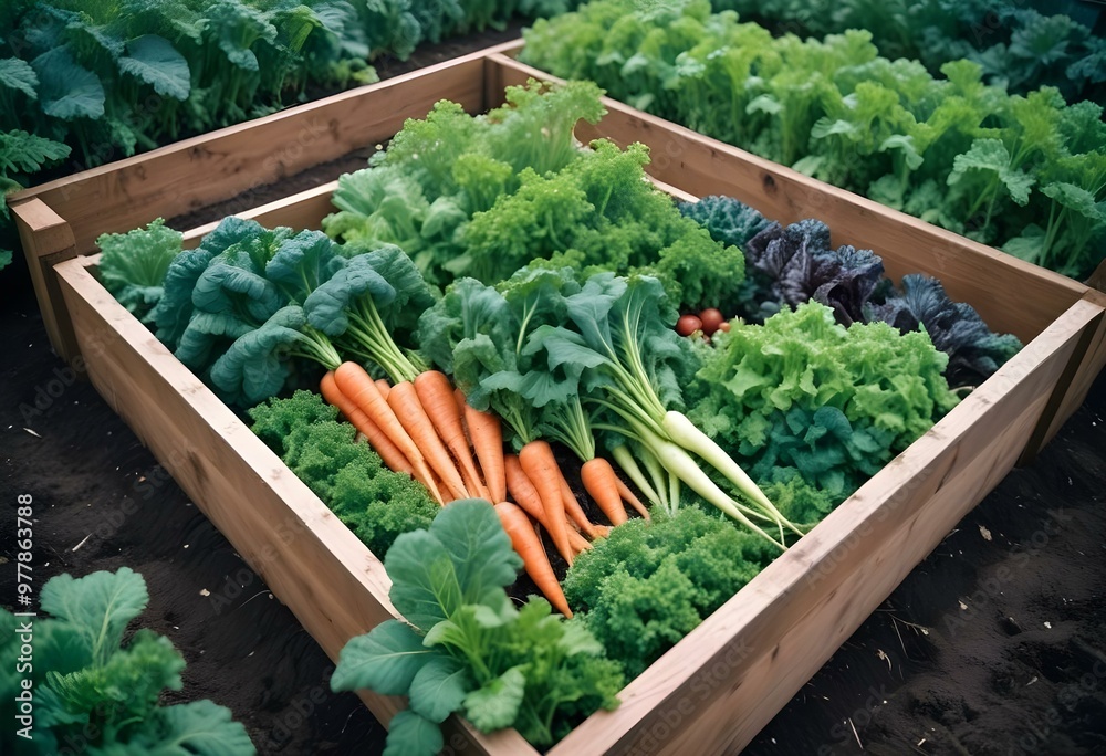adorable cartoon style, A raised garden bed bursting with fresh produce: orange carrots, green lettuce, and red tomatoes, surrounded by a sturdy wooden frame, situated in an outdoor garden during autu adorable cartoon style, A raised garden bed bursting with fresh produce: orange carrots, green lettuce, and red tomatoes, surrounded by a sturdy wooden frame, situated in an outdoor garden during autu