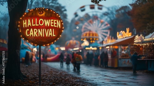 Halloween - festival - rides  - sign that reads “HALLOWEEN CARNIVAL” - kids walking by cars - candy - costumes - festival - fall - autumn 