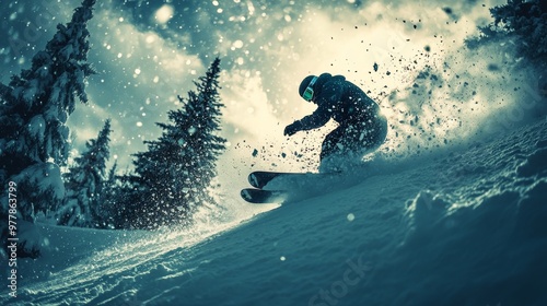 Skiing down a snowy slope at dusk surrounded by tall evergreen trees and a sn...