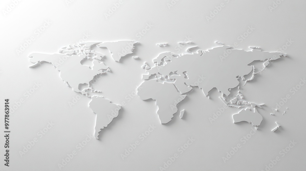 A textured white world map accentuates the separated continents against a light background A textured white world map accentuates the separated continents against a light background