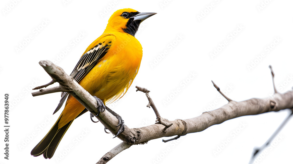 A bright yellow oriole perched on a branch on a white background with copy space, its beak pointed A bright yellow oriole perched on a branch on a white background with copy space, its beak pointed
