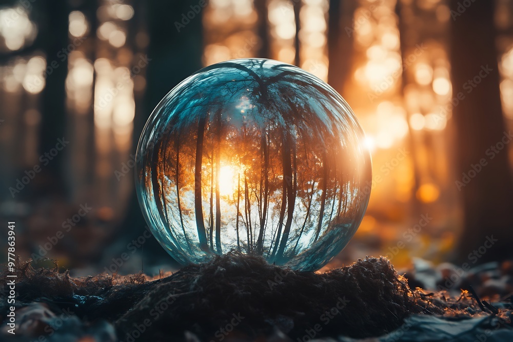 Fototapeta premium Glass ball reflecting forest and sunset, lens ball, nature photography, dreamy, artistic