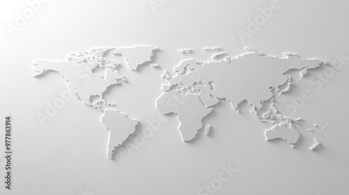 Fototapeta Naklejka Na Ścianę i Meble -  A textured white world map accentuates the separated continents against a light background