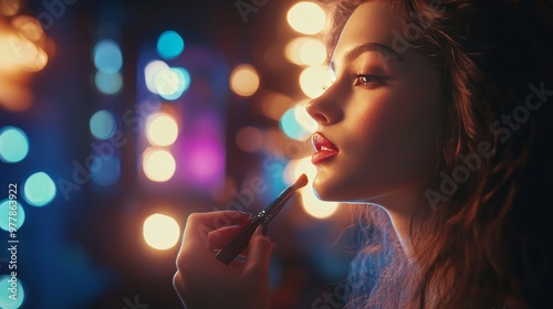 Woman receiving makeup application in a vibrant atmosphere at a beauty studio