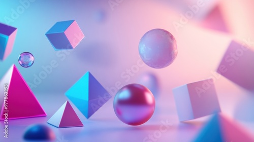 Abstract 3D Shapes in Motion- Various three-dimensional geometric shapes such as spheres, cubes, and pyramids appear to be floating in space