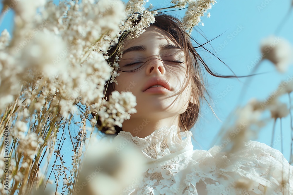 Woman in white dress surrounded by wildflowers on a sunny day, looking peaceful and tranquil. Woman in white dress surrounded by wildflowers on a sunny day, looking peaceful and tranquil.