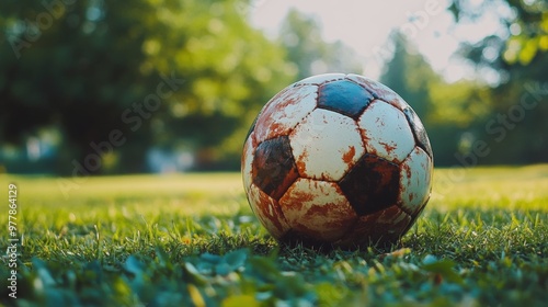 A bright afternoon on a well-kept soccer field surrounded by lush trees and b...