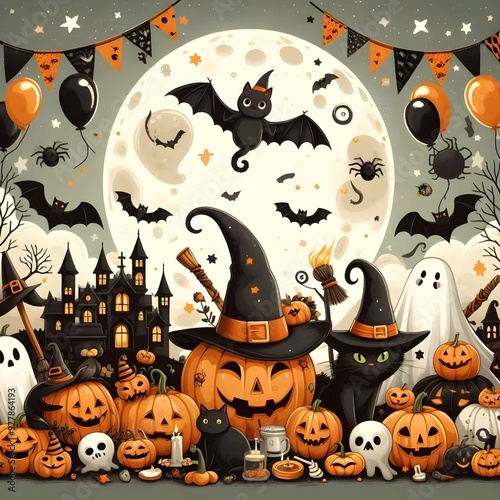 Halloween illustration featuring ghosts, pumpkins, black cats, and decorations against a night sky