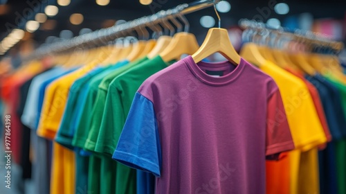 Colorful display of casual t-shirts in a retail store during the afternoon sh...