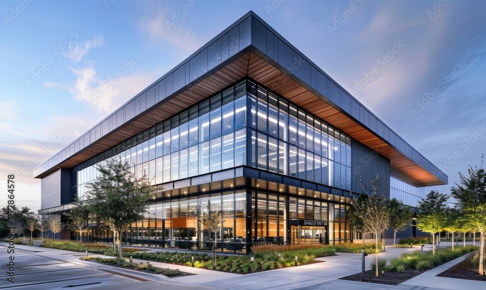 Modern sleek warehouse and office building exterior architecture Modern sleek warehouse and office building exterior architecture