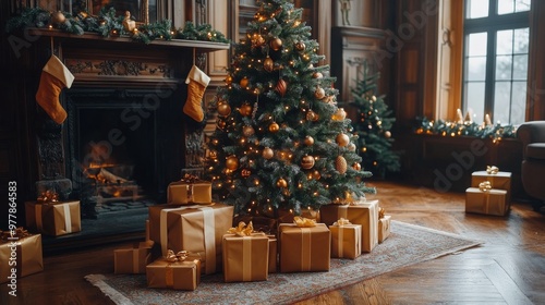 Festive living room adorned with Christmas trees and gifts during the holiday season