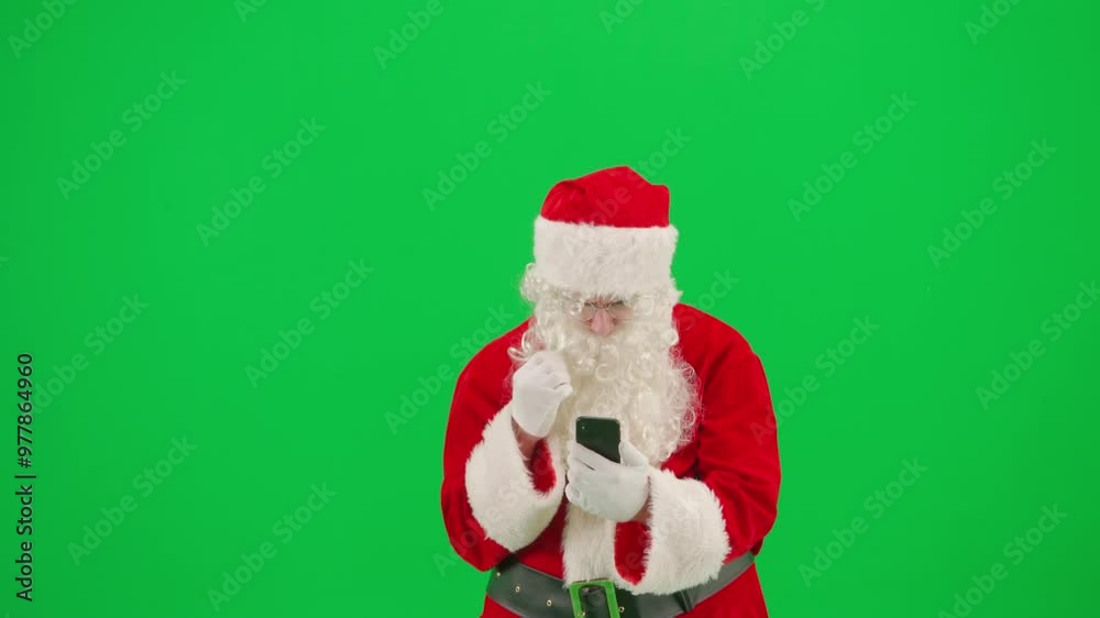 Portrait of man dressed as Santa on chroma key green screen background. Santa Claus watching sport game on smartphone, happy winning expression. Portrait of man dressed as Santa on chroma key green screen background. Santa Claus watching sport game on smartphone, happy winning expression.