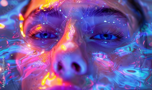 A disembodied goddess immersed in a psychedelic dream, trippy illustration, neon lights, kaleidoscopic effects photo