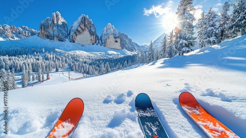 Skis stand upright in the snow as sunlight spills across the Dolomites, illum...