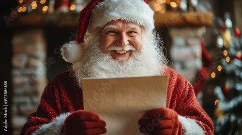 Santa joyfully reading letters from children in a cozy, decorated living room...