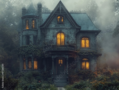 A Mysterious Stone House with Glowing Windows in a Foggy Forest