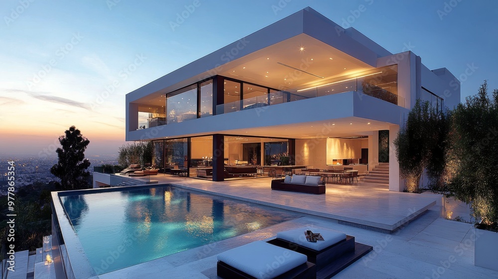 Fototapeta premium Modern villa with swimming pool overlooking the coastline on a sunny day