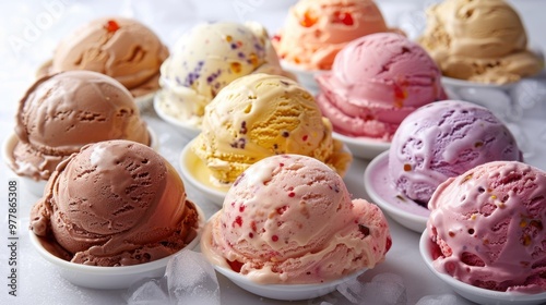 colorful ice cream in a plate on the table. Variety of ice cream portions with different flavors