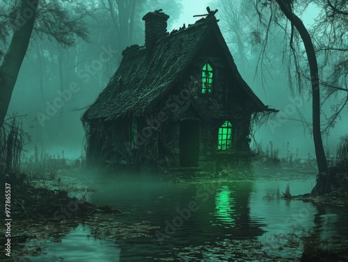 A Glowing, Eerie Cottage in a Foggy Forest photo