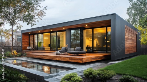 Modern home exterior featuring wooden deck and large glass windows in a subur...