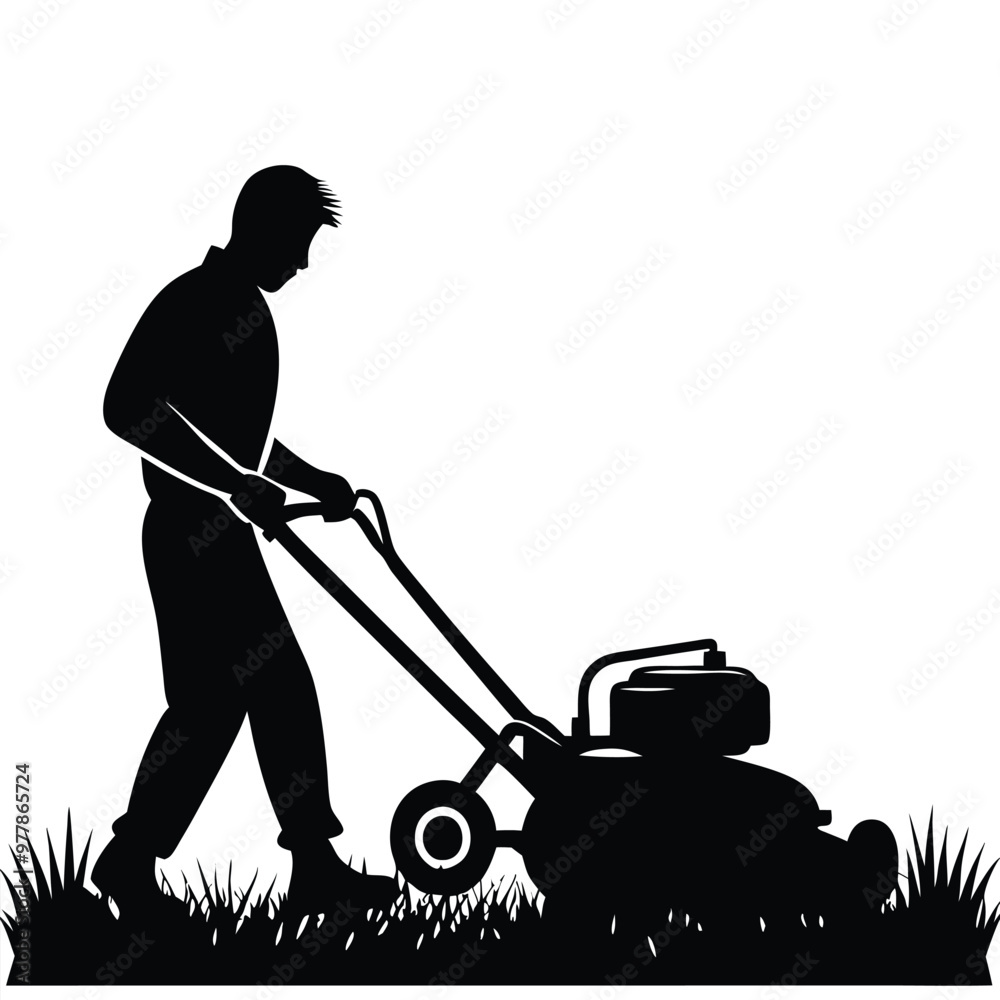 Silhouette of a Young Man Mowing the Lawn: A Simple Outdoor Scene Silhouette of a Young Man Mowing the Lawn: A Simple Outdoor Scene
