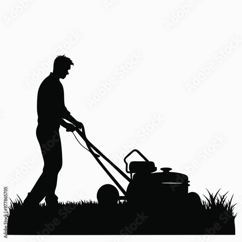 Silhouette of a Young Man Mowing the Lawn: A Simple Outdoor Scene