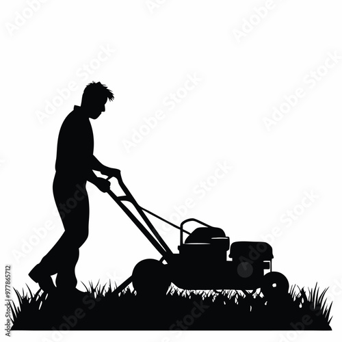 Silhouette of a Young Man Mowing the Lawn: A Simple Outdoor Scene