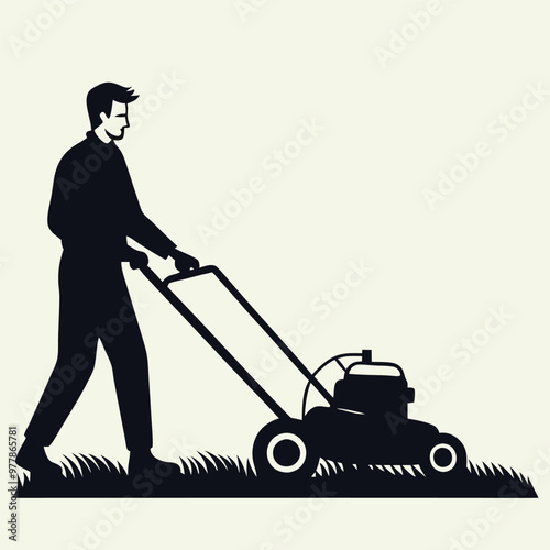 Silhouette of a Young Man Mowing the Lawn: A Simple Outdoor Scene