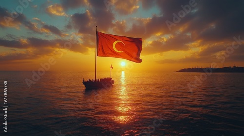 Turkish flag waving at sunset over Istanbul with silhouettes of mosques in th...
