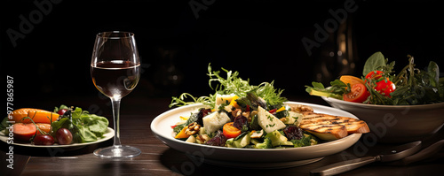 Plates of food and delicious meat steak in a dark restaurant with a glass of wine