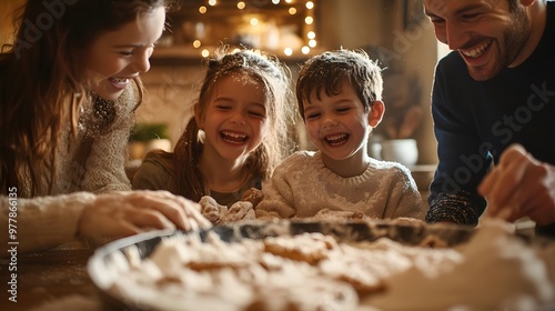 Parents and children baking cookies in a warm cozy kitchen flour dusting their clothes as they laugh.