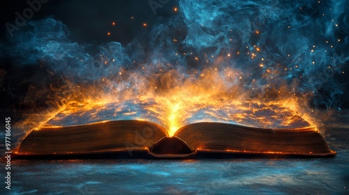 A mystical, glowing book radiates light amidst swirling magical smoke in an e...