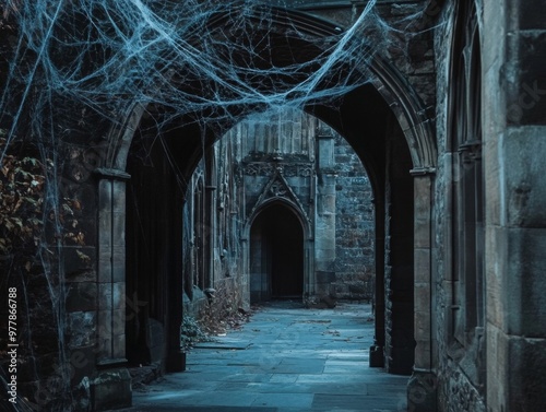 Cobwebbed stone archway leading to a darkened corridor in a gothic building photo