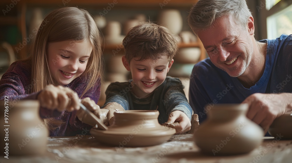 Parents and children enjoying a pottery class together shaping clay on spinning wheels with concentration and laughter. Parents and children enjoying a pottery class together shaping clay on spinning wheels with concentration and laughter.