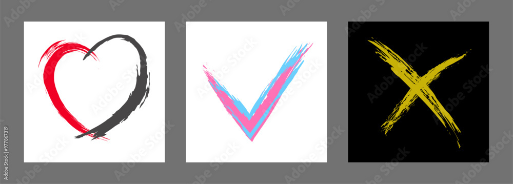 The cross, heart and OK symbol are hand-drawn with a brush. Prohibition, denial, error. Love. Approval, consent. Vector, set of 3 characters The cross, heart and OK symbol are hand-drawn with a brush. Prohibition, denial, error. Love. Approval, consent. Vector, set of 3 characters