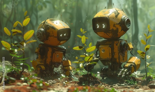 Two robots planting trees in the meta-universe,4k,neo-academism photo