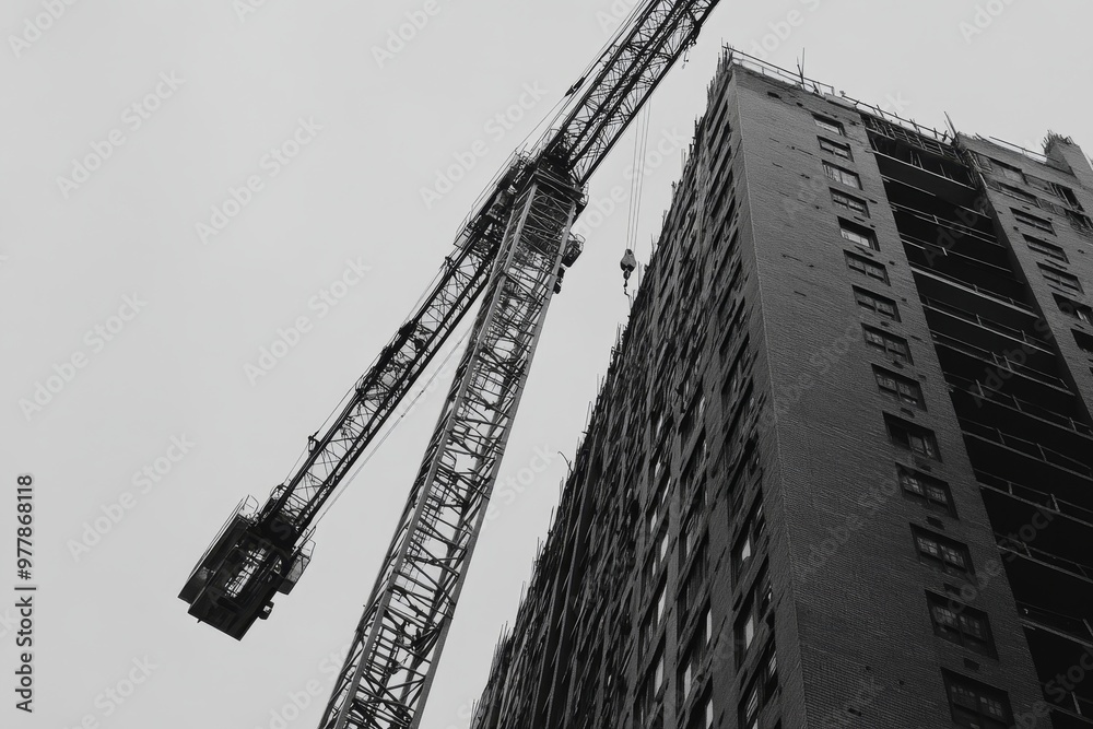 Fototapeta premium Construction crane overseeing high rise building development at a bustling construction site