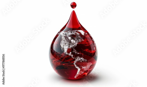 red drop droplet shape, with the earth isolated inside it, on white background photo