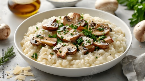 Creamy mushroom risotto with fresh herbs, gourmet Italian dish, food photography, top view, perfect for restaurant menus, food blogs, or gourmet promotions, comforting rice dish, copyspace 