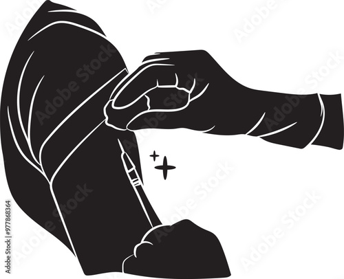 A silhouette of a doctor administering a vaccine with a syringe, injecting the vaccine into the arm of a sick patient at a clinic.